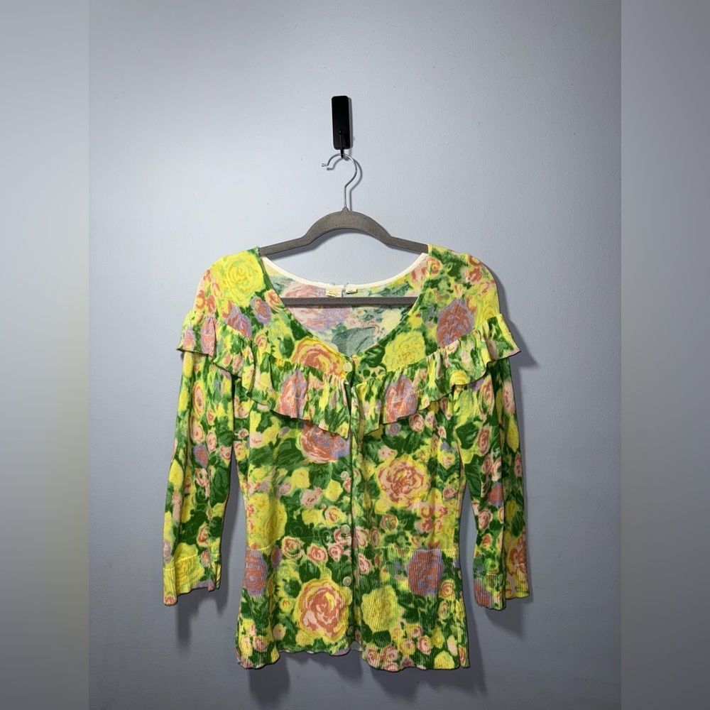 Anthropologie Yellow Bird women’s Floral Knit Cardigan Sweater Size M *flaw read